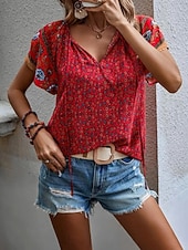 preiswerte Blumenblusen-Damen Bluse Druck Blumen Bohemien Vintage Lässig Kurzarm V Ausschnitt Normale Oberteile Täglich Ferien Ausgehen Blau Rote Braun Aprikose Sommer Frühling