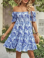 ieftine Tipăriți rochii florale-Pentru femei Rochie Mini Rochie casual Rochie de vară Rochie Boho Elegant Stilat Manșon de lanternă Vacanță Zilnic Dată Fit regulat Grafic Manșon scurt De Pe Umăr Albastru regal Vară