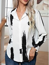 billige Kvinnenes arbeids topper-Dame Skjorte Bluse Geometrisk Daglig Moderne Fritid Langermet Skjortekrage Vanlige topper Arbeid Daglig Knapper Svart Hvit Sommer Vår