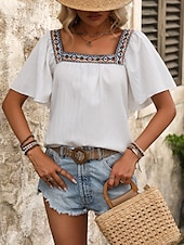 abordables Hauts de Vacances pour Femmes-Femme Chemise Chemisier Couleur unie mode Décontractées Manche Courte Col Carré Hauts réguliers du quotidien A Volants Patchwork Brodée Noir Blanche Eté Printemps