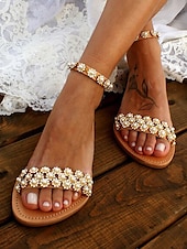 levne Neformální-Boho chic květinové ploché sandály z korálků s páskem ke kotníkům pro dámské letní outfity a svatby