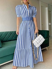 billiga Jobbklänningar-Dam Långklänning Maxiklänning Skjortklänning Vardagsklänning Sommarklänning Stylish Ledigt Semester Dagligen Datum Normal Rand Kortärmad Kavajslag Vit Blå Sommar Vår