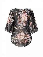 billige Kvinne Grafiske Topper-Dame Skjorte Bluse Blomstret Stilfull Fritid 3/4 ermer Crew-hals Vanlige topper Daglig Netting Trykt mønster Svart Sommer