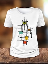 billige Kunst &amp; Design t-skjorte-Dame T skjorte Geometrisk Fritid Langermet Crew-hals Vanlige topper Daglig Knapper Trykt mønster Asymmetrisk Hvit Vår Høst