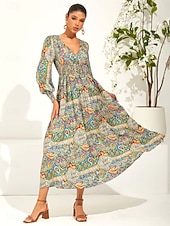 abordables Robes de vacances-Femme Robe Maxi Robe ethnique Robe Évasée Elégant mode Vacances Ample Graphic Cachemire manche longue Col V Vert Eté Printemps
