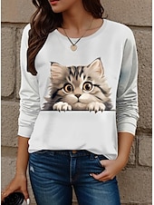 billige Dyrene tee-Dame T skjorte Katt Mote Moderne Fritid Langermet Crew-hals Vanlige topper Daglig Helg Trykt mønster Hvit Gul Rød Blå Dusty Blue Høst Vinter