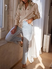 billiga Dressiga toppar-Dam Skjorta Blus Ensfärgat Affär Modern Ledigt Långärmad Tröjkrage Vanliga toppar Arbete Högtidskläder Knappar Blå Beige Sommar Vår