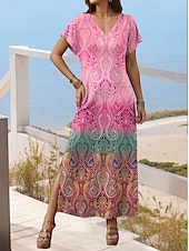 preiswerte Boho Kleider-Damen Maxi Kleid Freizeitkleid Strandkleid Shift Kleid Stilvoll Freizeit Drop Schulter Urlaub Alltag Reguläre Passform Farbverlauf Kurzarm V-Ausschnitt Pink Blau Lila Grün Frühling Herbst