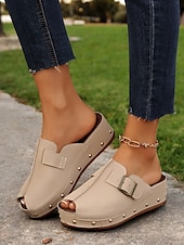 olcso Kényelmes szandálok-női peep-toe wedge öszvérek csatos pántokkal és szegecses díszítéssel – kényelmes felbújós szandál hétköznapi viselethez és nyári kirándulásokhoz