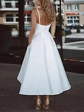 economico Abiti bianchi-Abiti bianchi per fidanzamento o laurea abiti da matrimonio A-Line spalline sottili senza maniche lunghezza alla caviglia abiti da sposa in raso con arricciature