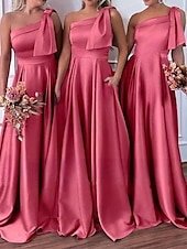 baratos Vestidos para Madrinhas-Linha A Vestido de Madrinha Assimétrico Sem Manga Elegante Longo Cetim com Laço(s) 2022