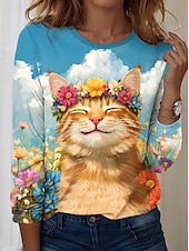billige Dyrene tee-Dame T skjorte Blomstret Katt Fritid Langermet Crew-hals Vanlige topper Daglig Trykt mønster Blå Vår Høst