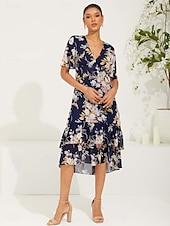 cheap Vacation Dresses-Women&#039;s Tea Length Chiffon Dress Elegant Flared Sleeve Vacation Daily Date Regular Fit Floral Short Sleeve V Neck Dark Blue Summer