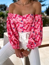 voordelige Bloemen Blouses-Dames Overhemd Blouse Afdrukken Blote rug Bloemig Stijlvol Casual Lange mouw Strapless Normale tops Dagelijks Zwart Wit Rood Paars Zomer Lente
