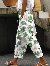 voordelige Grafische katoenen linnen broek-Dames Katoenen linnen broek Broeken Lichtgewicht Casual Volledige lengte Medium taille Grafisch Klaver Zak Trekkoord Ademend Comfortabel Inelastisch Casual / Dagelijks Weekend Groen Klaver Zomer Lente