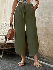 billiga breda ben och hög midja-Dam Kinesiska Mode Streetwear Ankellång Hög midja Slät Snörning Ficka Bekväm Mjuk Microelastisk Utomhus Gata Marin Svart Mandel Armégrön Sommar Vår Lös passning