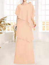 abordables Longueur du plancher-Robe mère de la mariée fourreau  colonne élégante à col bijou longueur sol chiffon floral à courte manche avec volants