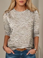 Женская футболка с круглым вырезом длинным рукавом туника цветочная повседневная обычные топы повседневная принт бежевый весна осень Недорогие Простая футболка-Женская футболка с круглым вырезом длинным рукавом туника цветочная повседневная обычные топы повседневная принт бежевый весна осень