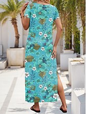 tanie kwiatowa sukienka-Sukienka maxi damska Sukienka codzienna Sukienka plażowa Sukienka Shift Stylowa Casual Wczasy codzienne Regular Fit Kwiatowa Krótki rękaw Okrągły dekolt Zielona Wiosna Jesień