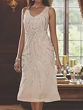 billige Med jakke-Strand Bryllup To Delt A-Linje Mor til Bruden Kjole Formell Bryllupsgjester Elegant V Hals Te Lengde Chiffon Blonde Ermeløse Jakke Kjoler med Beading Paljetter 2025 gratis tilpasset størrelse