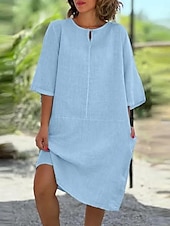 economico disegnare abiti in cotone e lino-Per donna Mini Abito Abiti in cotone e lino Vestito Casual Essenziale Casual Vacanza Quotidiano Vestibilità regolare Semplice Manica 3/4 Girocollo Giallo Vino Grigio Azzurro Estate