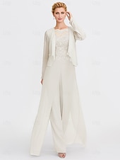 abordables Combinaisons pour maman-Ensemble jumpsuit  pantalon en deux pièces de mariage à la plage mère de la mariée invitée de mariage formelle élégante wrap inclus col bateau longueur sol chiffon manches 3/4 avec appliques 2025