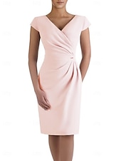 cheap Tea Length-Sheath Mother of the Bride Dress Wedding Guest Elegant V Neck Knee Length Stretch Fabric Short Sleeve with Ruched free custom size