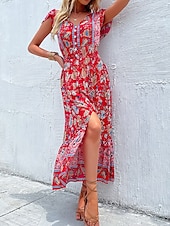 billiga Bohemklänningar-Dam Maxiklänning Vardagsklänning Swingklänning Boho Chic klänningar A linjeklänning bohemliv Stylish Ledigt Semester Dagligen Strand Lös passning Blommig Kortärmad V-hals Svart Rubinrött Sommar Vår