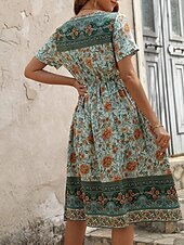 billiga Bohemklänningar-Dam Långklänning Maxiklänning Vardagsklänning A linjeklänning Sommarklänning Boho-klänning Elegant Hawaiisk Stylish Semester Dagligen Datum Normal Blommig Kortärmad V-hals Grön Sommar