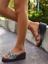 olcso Telitalpú szandálok-színes, felbújós női ékszandál etnikai mintával – kényelmes platform dizájn nyári, tengerparti és hétköznapi viselethez