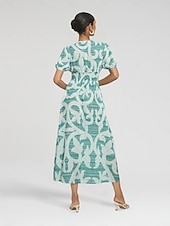 abordables Robes de vacances-robe mi-longue à manches bouffantes et col V
