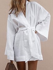 economico abiti stampati in cotone e lino-Per donna Mini Abito Abiti in cotone e lino Essenziale Casual Vacanza Feste Quotidiano Vestibilità comoda Semplice Manica Lunga Scollo a V Bianco Verde Primavera Autunno