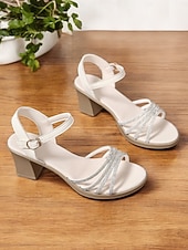 abordables Sandalias de tacón-Sandalias negras de tiras con tacón de bloque y pedrería: sandalias de mujer cómodas y elegantes con tiras brillantes, perfectas para uso informal o reuniones de verano.