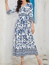 levne Elegantní květinové šaty-Dámské Midi šaty Áčkové šaty Letní šaty Boho šaty Elegantní stylové Geleneksel Dovolená Denní Rande Běžný Květinový 3/4 délka rukávu Do V Vodní modrá Léto