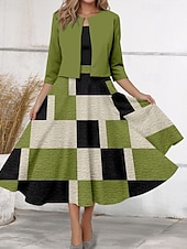 preiswerte Streifen- und geometrisches Kleid-Damen Zwei-Teiler Kleid Sets Midi Kleid mit Jacke Elegantes A-Linien Kleid Halbarm Druck Kleid Vintage Farbblock Geometrischer Druck 3/4 Länge Ärmeln Rundhals Alltag Grün Frühling Herbst Regelmäßige