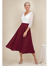 preiswerte Teelänge-Kleid für die Mutter der Braut, Strandhochzeit, A-Linien-Kleid mit Falten, elegant, schlicht, V-Ausschnitt, wadenlang, Chiffon, 3/4-Ärmel, mit Spitze, einfarbig, 2025