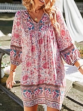 voordelige Boho-jurken-Dames Mini-jurk Casual jurk Boho chique jurken A lijn jurk Boho-jurk Bohemen leuke Style Stijlvol Vakantie Dagelijks Strand Ruim Passend Grafisch Halve mouw V-hals Blozend Roze Groen Zomer Lente