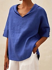 preiswerte Hemden-Damen Hemd Bluse Baumwoll-Leinen-Hemden Einfarbig Basic Lässig Dreiviertelarm Mit Kapuze Normale Oberteile Täglich Knöpfe Weiß Blau Sommer