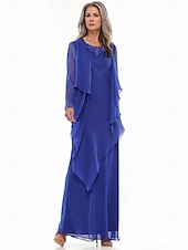 preiswerte Mit Jacke-A-Linie Kleid Kleid Sets Brautmutter Kleid Elegant Einfach Rundhalsausschnitt Bodenlang Chiffon Langärmel mit Perlen tierende Rüschen 2025