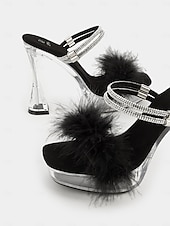 voordelige Nachtleven feest-rode met veren versierde, doorzichtige platformhakken voor dames – glamoureuze open sandalen voor avondevenementen en optredens
