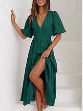 abordables Robe de cocktail-Femme Robe Maxi Robe casual Robe Trapèze mode basique Décontractées Vacances du quotidien Standard Plein Demi Manches Col V Vert Beige Eté Printemps