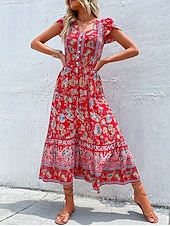 billiga Bohemklänningar-Dam Maxiklänning Vardagsklänning Swingklänning Boho Chic klänningar A linjeklänning bohemliv Stylish Ledigt Semester Dagligen Strand Lös passning Blommig Kortärmad V-hals Svart Rubinrött Sommar Vår