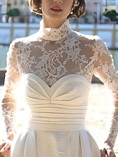 cheap Wedding Dresses-Wedding Dresses A-Line Illusion Neck Long Sleeve Asymmetrical Lace Bridal Gowns With Embroidery Solid Color