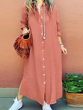 economico Vestiti-Per donna Abito Lungo Maxi Abito Abiti ispirati al lino Abito Camicia Vestito Casual Elegante Casual Vacanza Quotidiano Data Vestibilità regolare Semplice Manica Lunga Bavero Rosso Cachi Blu scuro