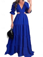 preiswerte abendkleider-Damen Maxidress abendkleider A Linie Kleid Elegant Stilvoll Brautkleider schlicht Ausgestellter Ärmel Party Verabredung Regular Fit Glatt Langarm V Ausschnitt Rote Blau Frühling Herbst Winter