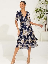 cheap Vacation Dresses-Women&#039;s Tea Length Chiffon Dress Elegant Flared Sleeve Vacation Daily Date Regular Fit Floral Short Sleeve V Neck Dark Blue Summer