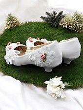 preiswerte Lässig-weiße, mit Blumen verzierte Schuhe mit Perlenriemen und niedrigem Absatz für Braut- und Hochzeitsveranstaltungen