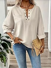 voordelige Overhemden-Dames Overhemd Blouse Katoenen linnen overhemden Effen Kleur Elegant Stijlvol Casual Lange mouw V-hals Normale tops Dagelijks Feestdagen Uitgaan Knop Beige Zomer Lente Herfst