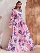abordables Longueur du plancher-Robe A-Line Invité de Mariage Mère de la Mariée Élégante Cache Ventre Col en V Longue en Chiffon Manches Longues avec Fleur Robe Invité de Mariage