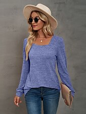 abordables Tops Sencillos para Mujeres-Mujer Sayo Remera de algodón Plano Bohemia Elegante Básico Manga Larga Manga Farol Escote Cuadrado Tops regulares Diario Deportes Noche Negro Rosa Morado Verde Trébol Caqui Primavera Otoño